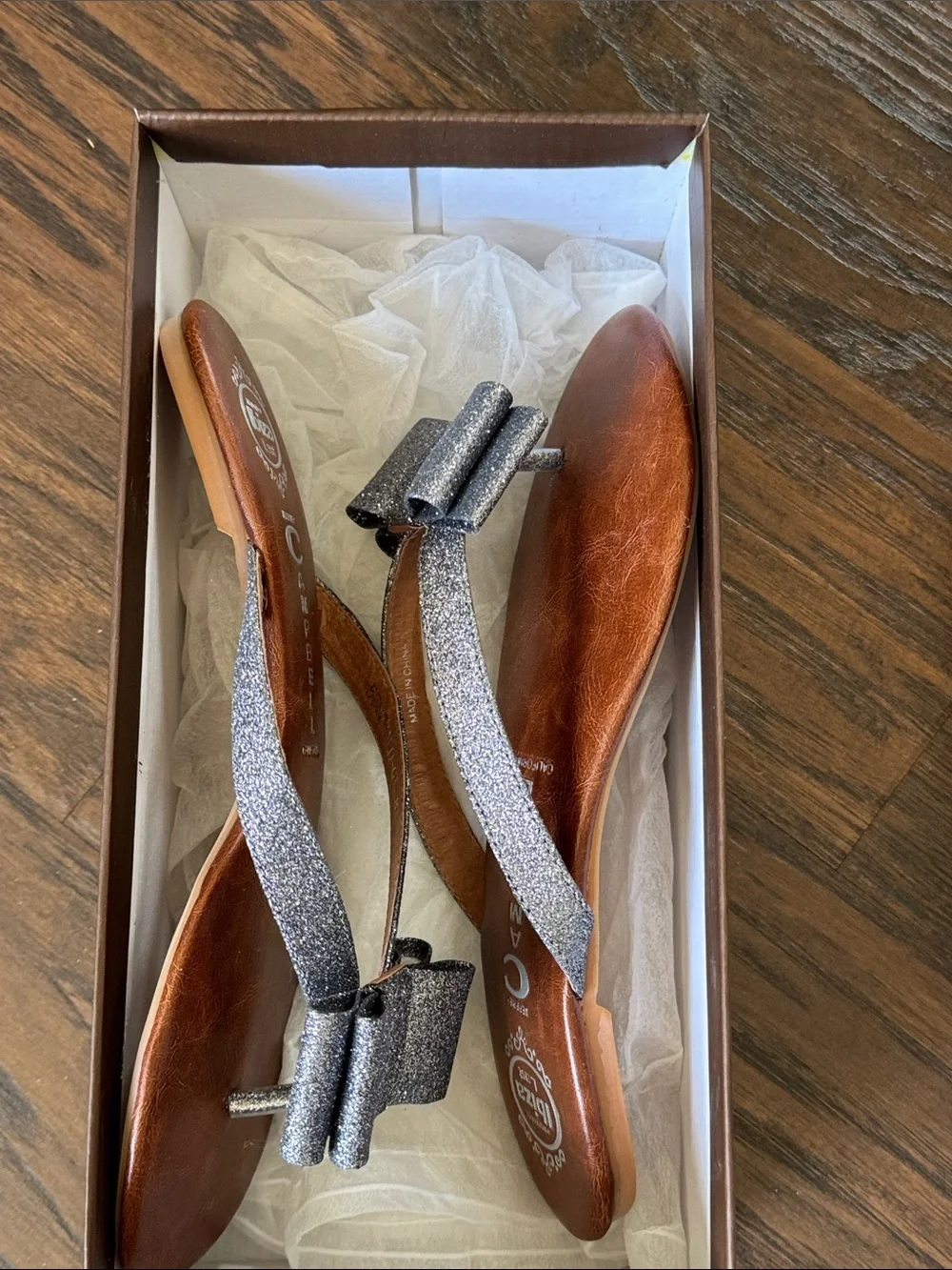 Jeffrey Campbell New Brown Leather Sandals with Sparkly Silver Glitter Bow